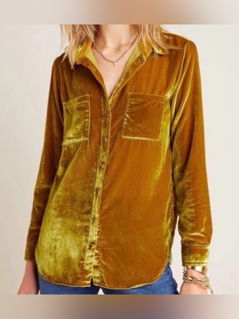 Maeve Karina Velvet Button-Down Shirt in Mustard Olive